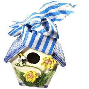 Mudpie Birdhouse vtg ornament figurine sunflowers Bee blue yellow spring floral